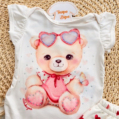 Conj. Body Ursinha com Óculos e Saia - Off White e Vermelho